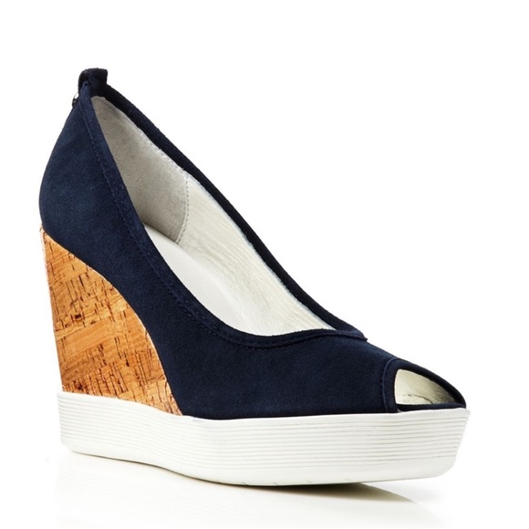 DONALD PLINER Carli Espadrille Shoe Navy Blue Suede Cork Wedge Heel Peep Toe 8 - Picture 1 of 14